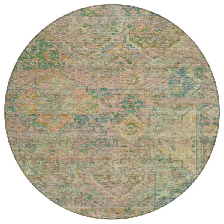 8' Green Teal Blue And Mauve Round Floral Medallion Washable Indoor Outdoor Area Rug