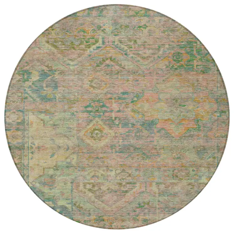 8' Green Teal Blue And Mauve Round Floral Medallion Washable Indoor Outdoor Area Rug