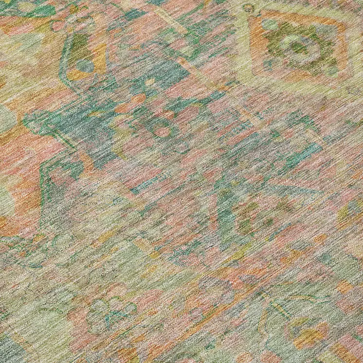 8' Green Teal Blue And Mauve Round Floral Medallion Washable Indoor Outdoor Area Rug