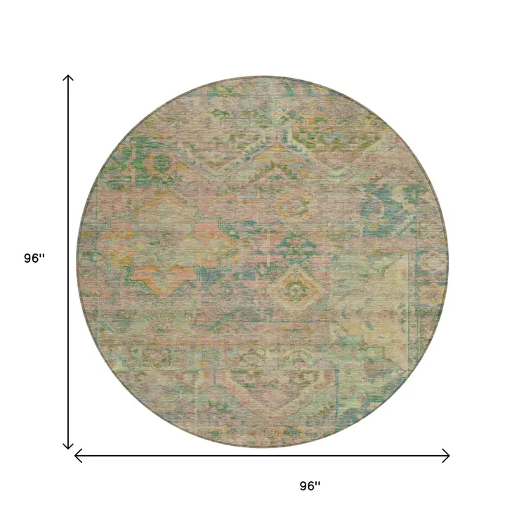 8' Green Teal Blue And Mauve Round Floral Medallion Washable Indoor Outdoor Area Rug