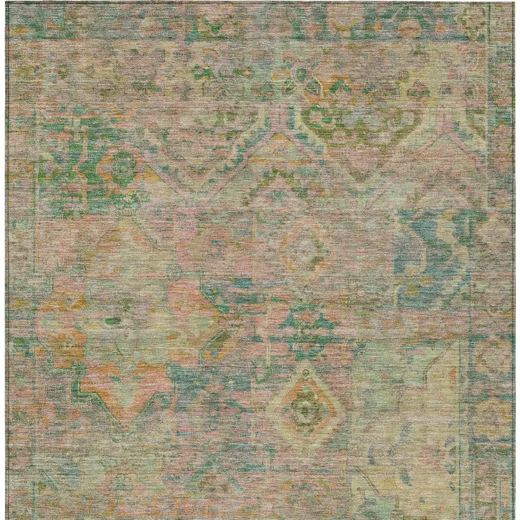 8' X 10' Green Teal Blue And Mauve Floral Medallion Washable Indoor Outdoor Area Rug