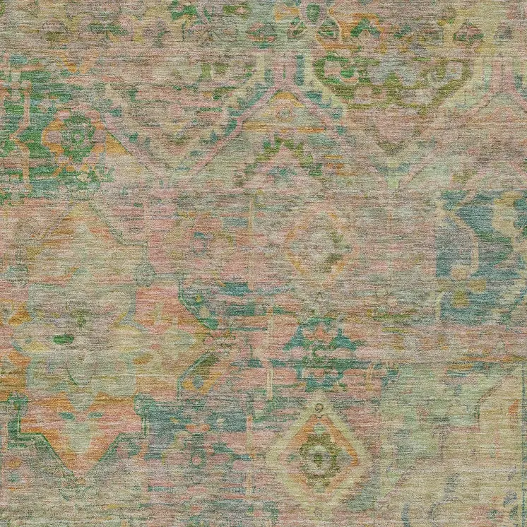 8' X 10' Green Teal Blue And Mauve Floral Medallion Washable Indoor Outdoor Area Rug
