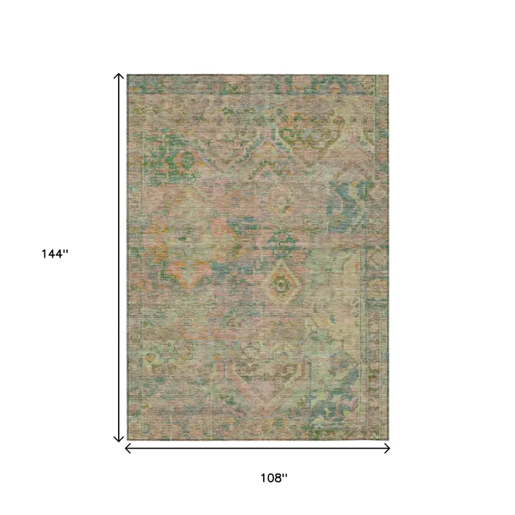 9' X 12' Green Teal Blue And Mauve Floral Medallion Washable Indoor Outdoor Area Rug