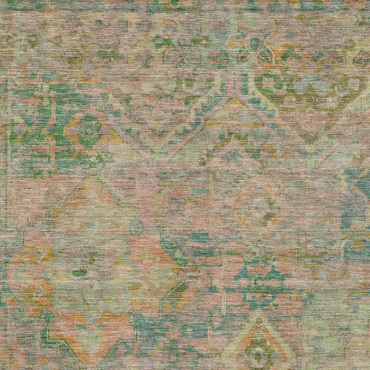 9' X 12' Green Teal Blue And Mauve Floral Medallion Washable Indoor Outdoor Area Rug