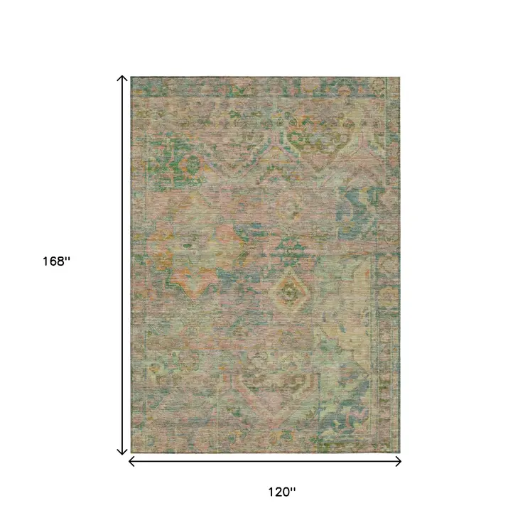 10' X 14' Green Teal Blue And Mauve Floral Medallion Washable Indoor Outdoor Area Rug