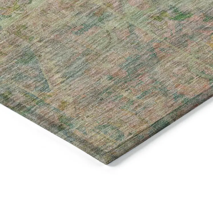 10' X 14' Green Teal Blue And Mauve Floral Medallion Washable Indoor Outdoor Area Rug