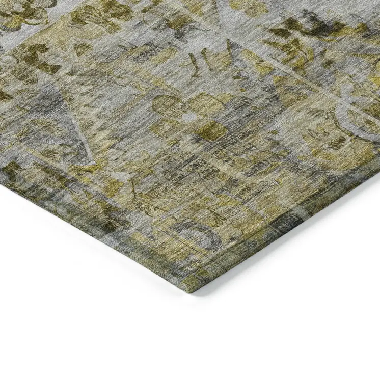 5' X 8' Pewter Gray And Gold Floral Medallion Washable Indoor Outdoor Area Rug