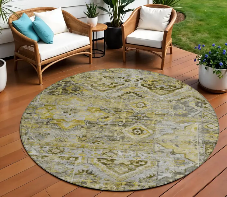 8' Pewter Gray And Gold Round Floral Medallion Washable Indoor Outdoor Area Rug