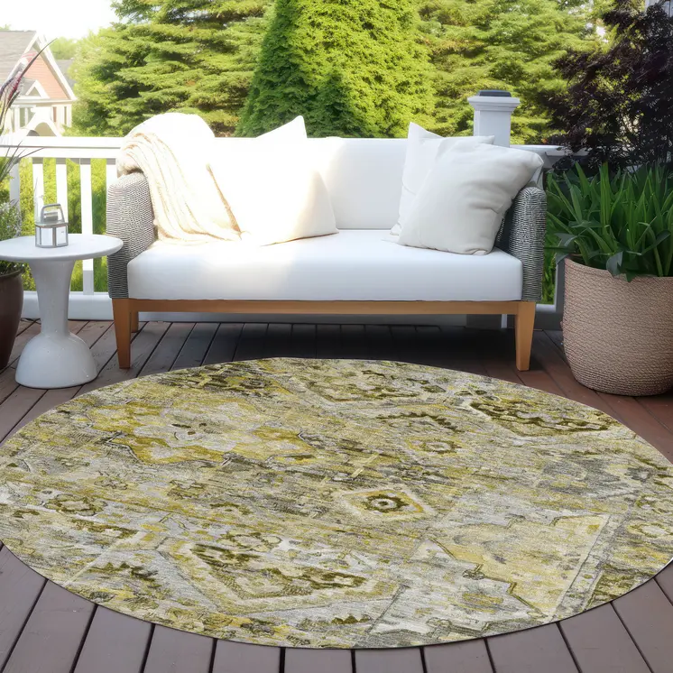8' Pewter Gray And Gold Round Floral Medallion Washable Indoor Outdoor Area Rug