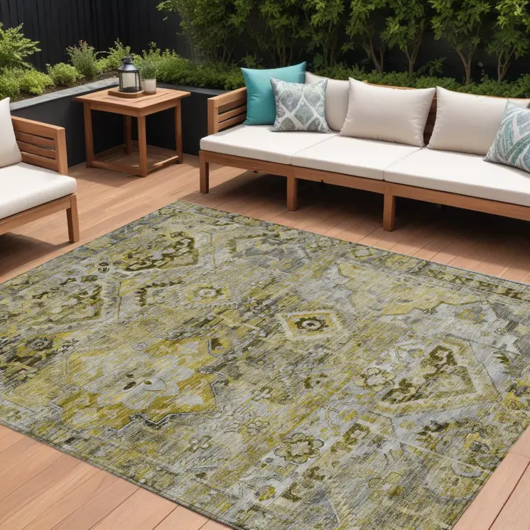 8' X 10' Pewter Gray And Gold Floral Medallion Washable Indoor Outdoor Area Rug
