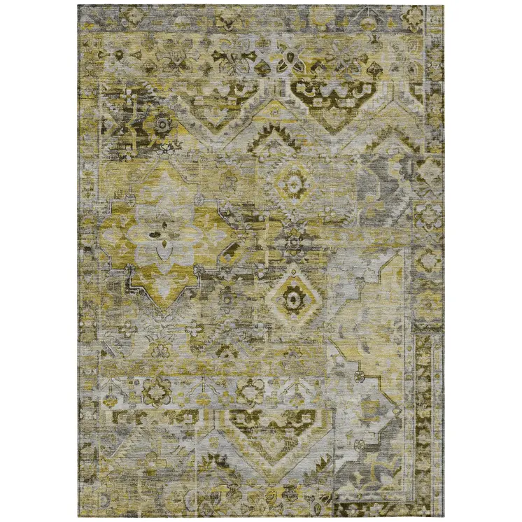 8' X 10' Pewter Gray And Gold Floral Medallion Washable Indoor Outdoor Area Rug