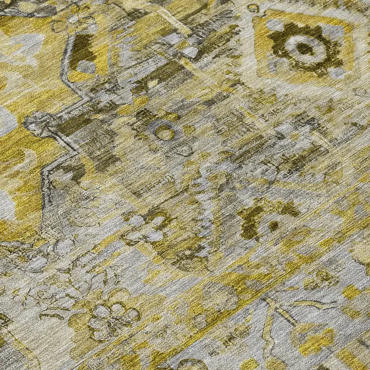 9' X 12' Pewter Gray And Gold Floral Medallion Washable Indoor Outdoor Area Rug