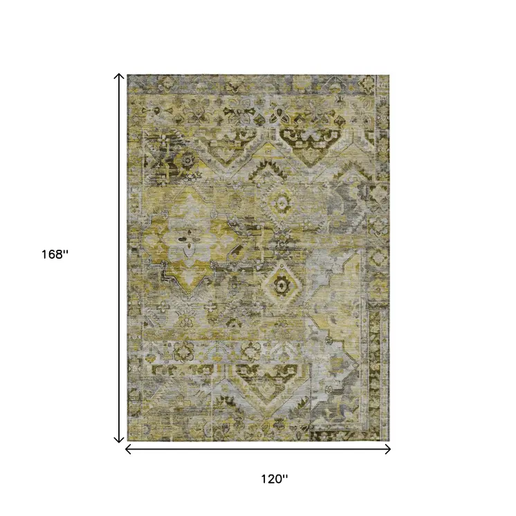 10' X 14' Pewter Gray And Gold Floral Medallion Washable Indoor Outdoor Area Rug
