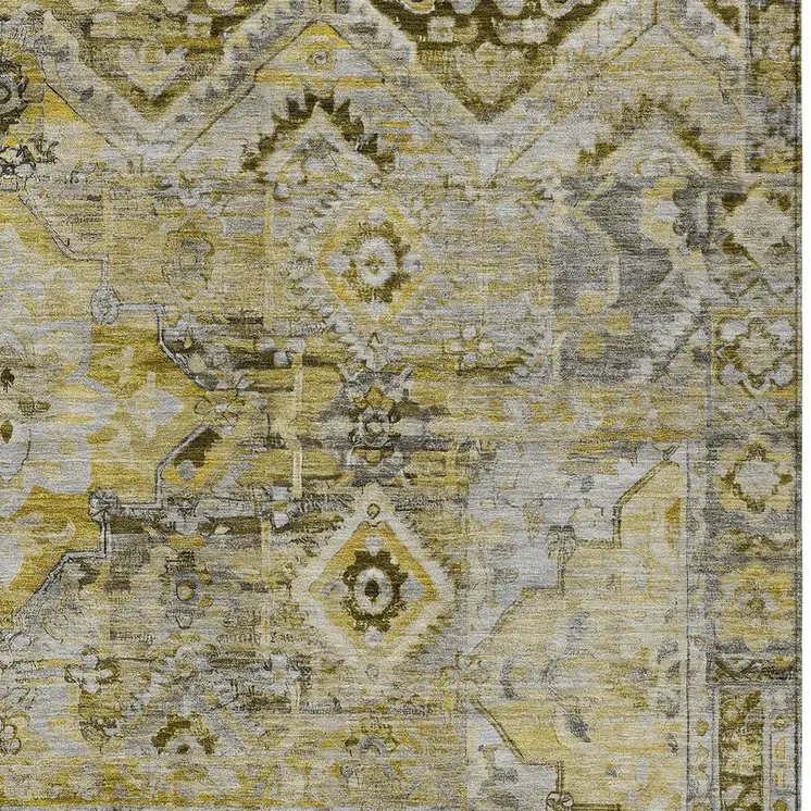 10' X 14' Pewter Gray And Gold Floral Medallion Washable Indoor Outdoor Area Rug