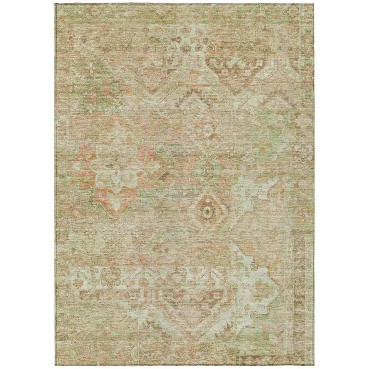 3' X 5' Salmon Fern Green And Beige Floral Medallion Washable Indoor Outdoor Area Rug
