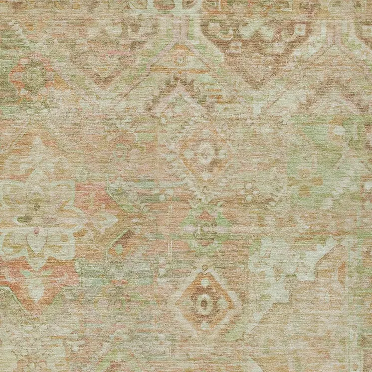 3' X 5' Salmon Fern Green And Beige Floral Medallion Washable Indoor Outdoor Area Rug