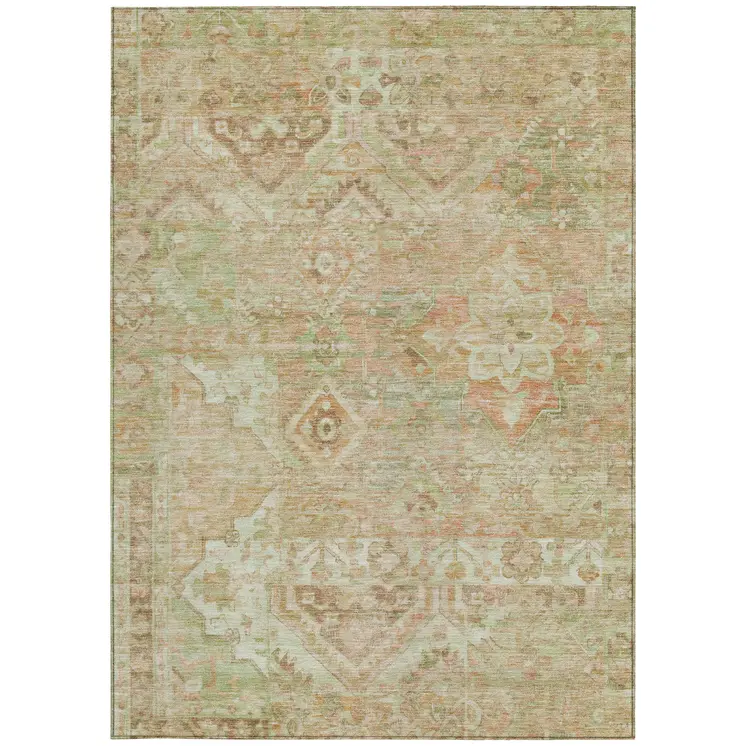 5' X 8' Salmon Fern Green And Beige Floral Medallion Washable Indoor Outdoor Area Rug