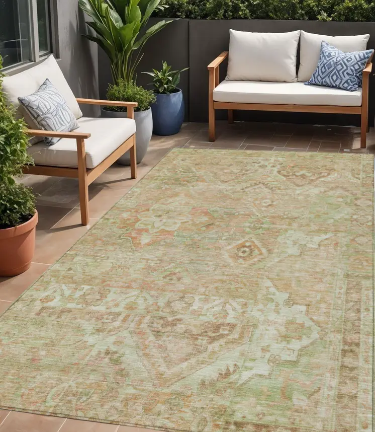 5' X 8' Salmon Fern Green And Beige Floral Medallion Washable Indoor Outdoor Area Rug