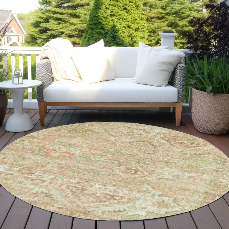 8' Salmon Fern Green And Beige Round Floral Medallion Washable Indoor Outdoor Area Rug