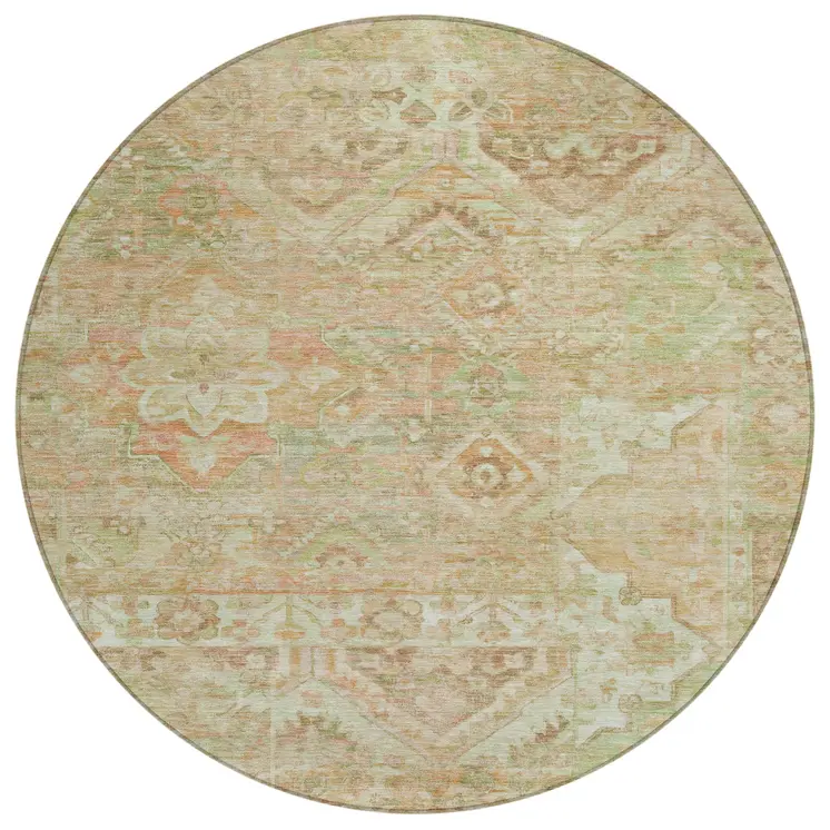8' Salmon Fern Green And Beige Round Floral Medallion Washable Indoor Outdoor Area Rug
