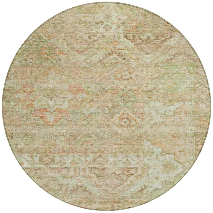 8' Salmon Fern Green And Beige Round Floral Medallion Washable Indoor Outdoor Area Rug