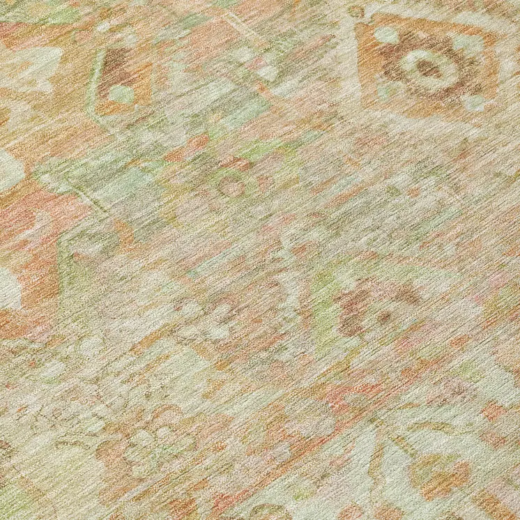 8' Salmon Fern Green And Beige Round Floral Medallion Washable Indoor Outdoor Area Rug