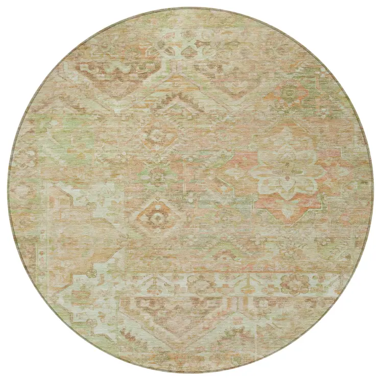 8' Salmon Fern Green And Beige Round Floral Medallion Washable Indoor Outdoor Area Rug