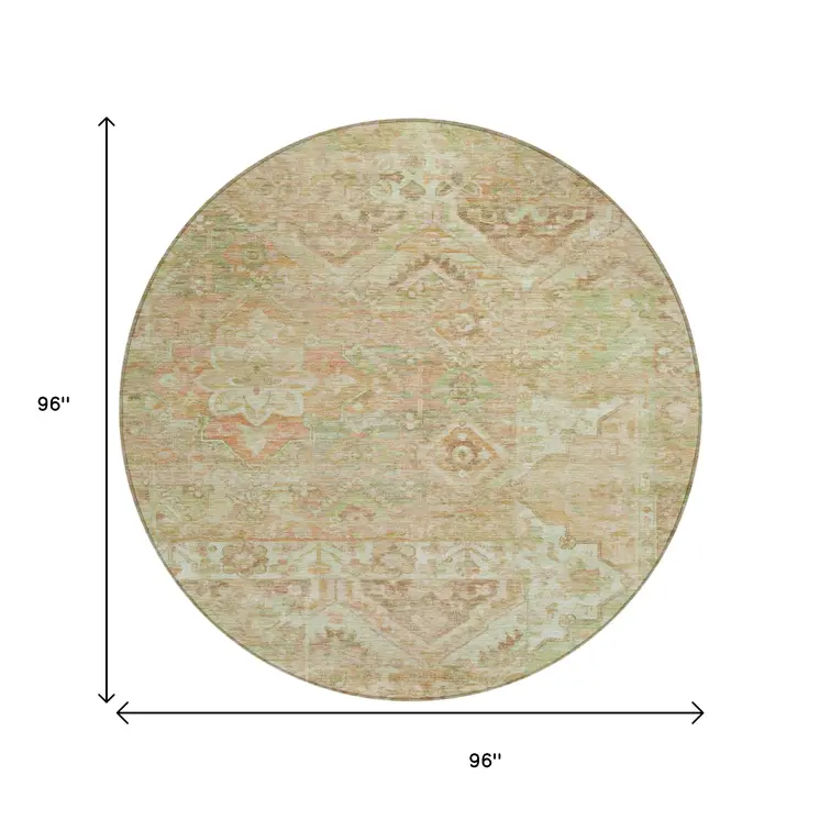 8' Salmon Fern Green And Beige Round Floral Medallion Washable Indoor Outdoor Area Rug