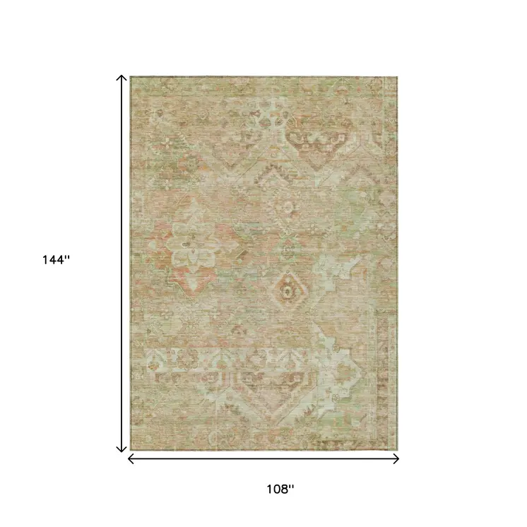 9' X 12' Salmon Fern Green And Beige Floral Medallion Washable Indoor Outdoor Area Rug