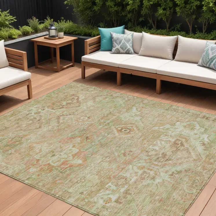 9' X 12' Salmon Fern Green And Beige Floral Medallion Washable Indoor Outdoor Area Rug