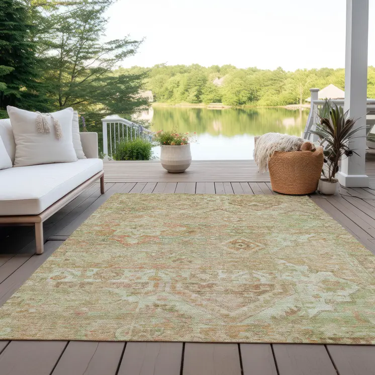 9' X 12' Salmon Fern Green And Beige Floral Medallion Washable Indoor Outdoor Area Rug