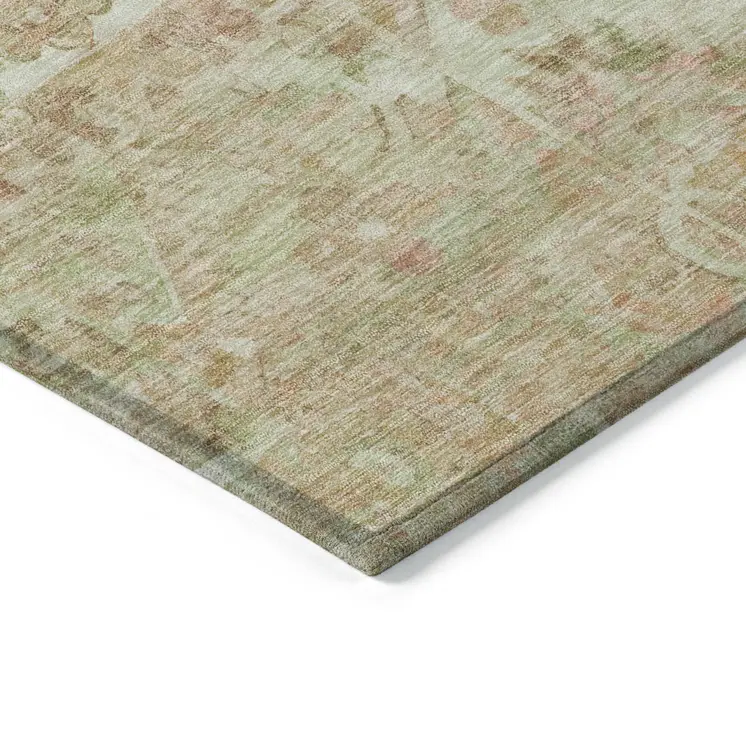 9' X 12' Salmon Fern Green And Beige Floral Medallion Washable Indoor Outdoor Area Rug