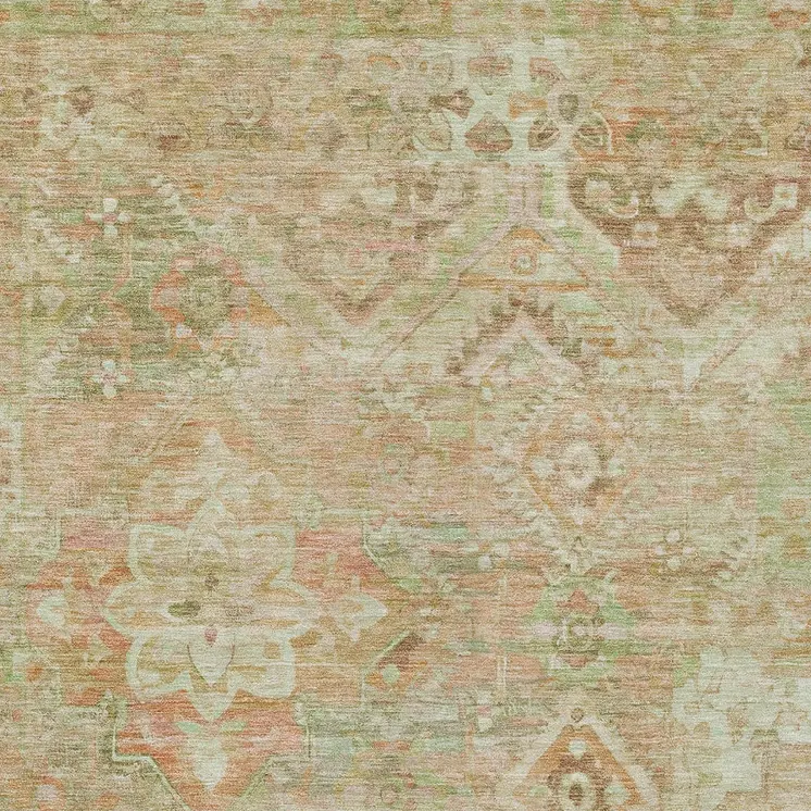9' X 12' Salmon Fern Green And Beige Floral Medallion Washable Indoor Outdoor Area Rug