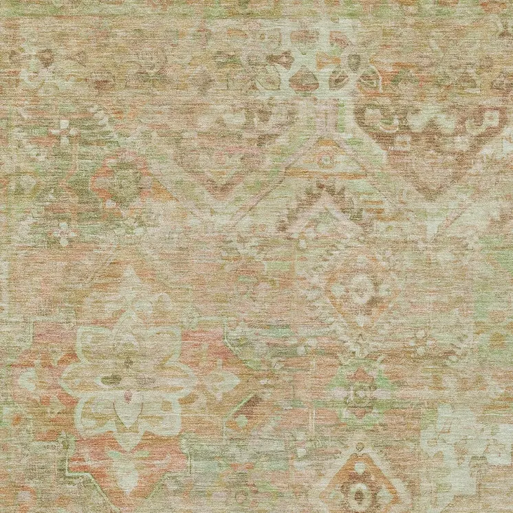 10' X 14' Salmon Fern Green And Beige Floral Medallion Washable Indoor Outdoor Area Rug