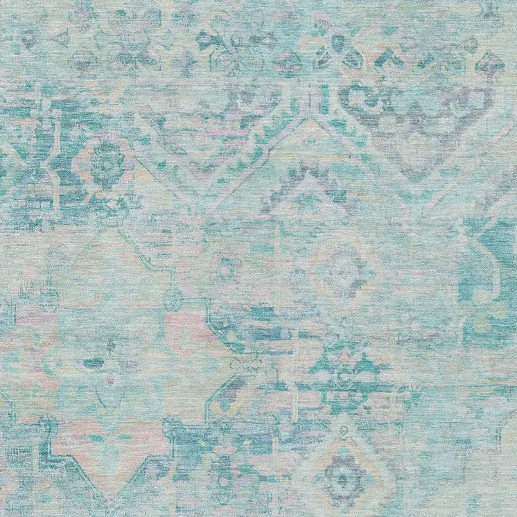 3' X 5' Teal Blue And Pink Floral Medallion Washable Indoor Outdoor Area Rug