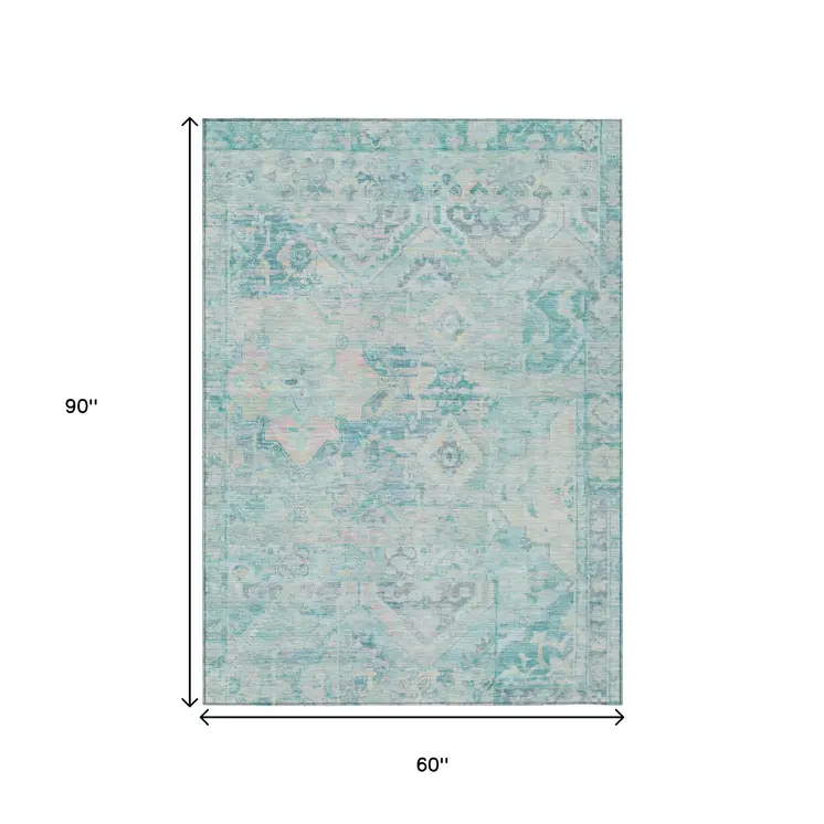 5' X 8' Teal Blue And Pink Floral Medallion Washable Indoor Outdoor Area Rug