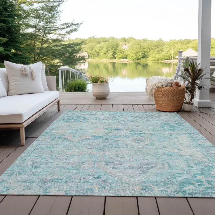 5' X 8' Teal Blue And Pink Floral Medallion Washable Indoor Outdoor Area Rug