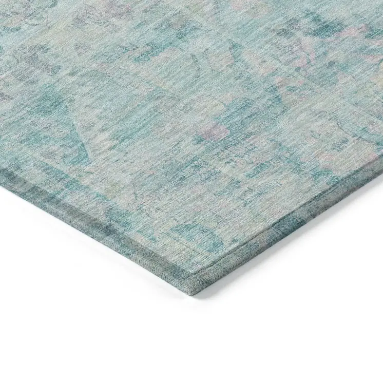 5' X 8' Teal Blue And Pink Floral Medallion Washable Indoor Outdoor Area Rug