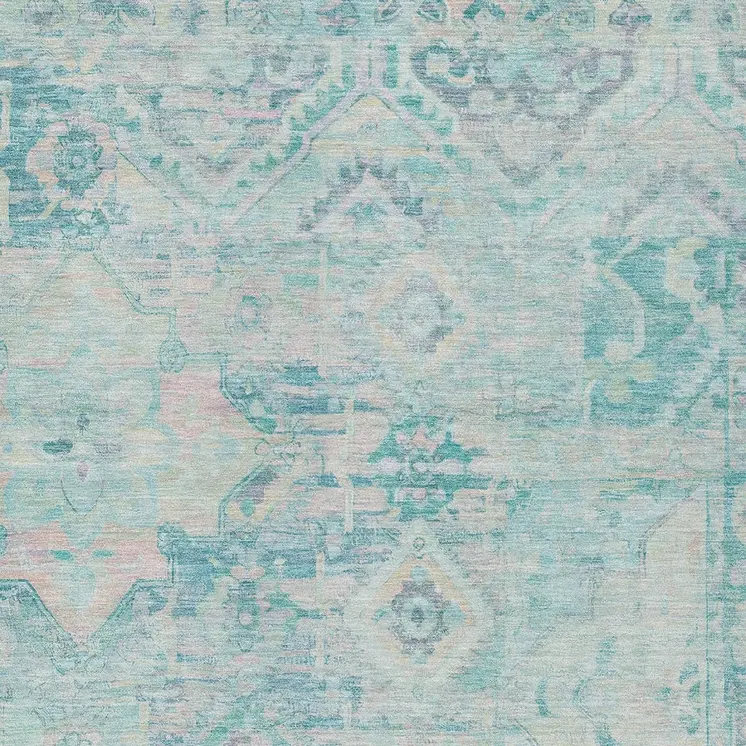 5' X 8' Teal Blue And Pink Floral Medallion Washable Indoor Outdoor Area Rug
