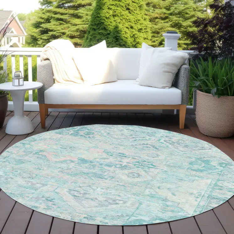 8' Teal Blue And Pink Round Floral Medallion Washable Indoor Outdoor Area Rug
