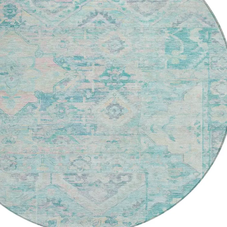 8' Teal Blue And Pink Round Floral Medallion Washable Indoor Outdoor Area Rug