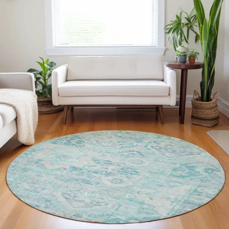 8' Teal Blue And Pink Round Floral Medallion Washable Indoor Outdoor Area Rug