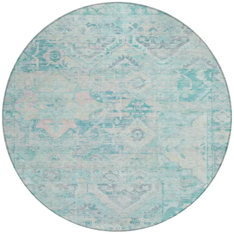 8' Teal Blue And Pink Round Floral Medallion Washable Indoor Outdoor Area Rug