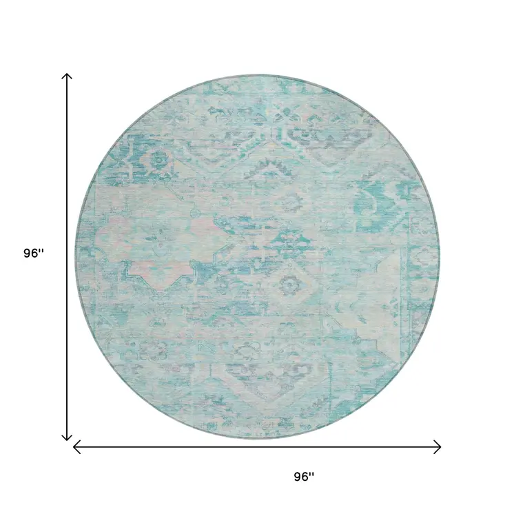 8' Teal Blue And Pink Round Floral Medallion Washable Indoor Outdoor Area Rug