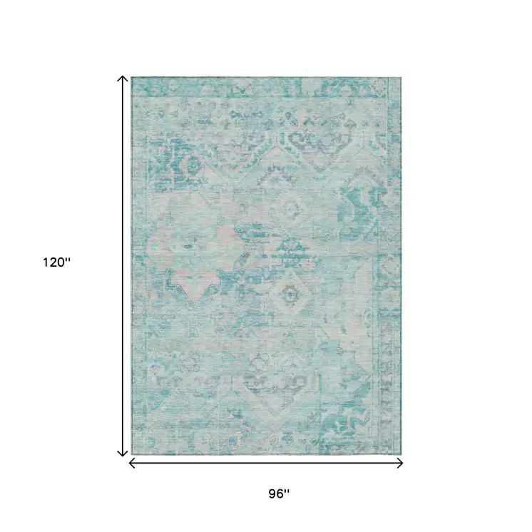 8' X 10' Teal Blue And Pink Floral Medallion Washable Indoor Outdoor Area Rug
