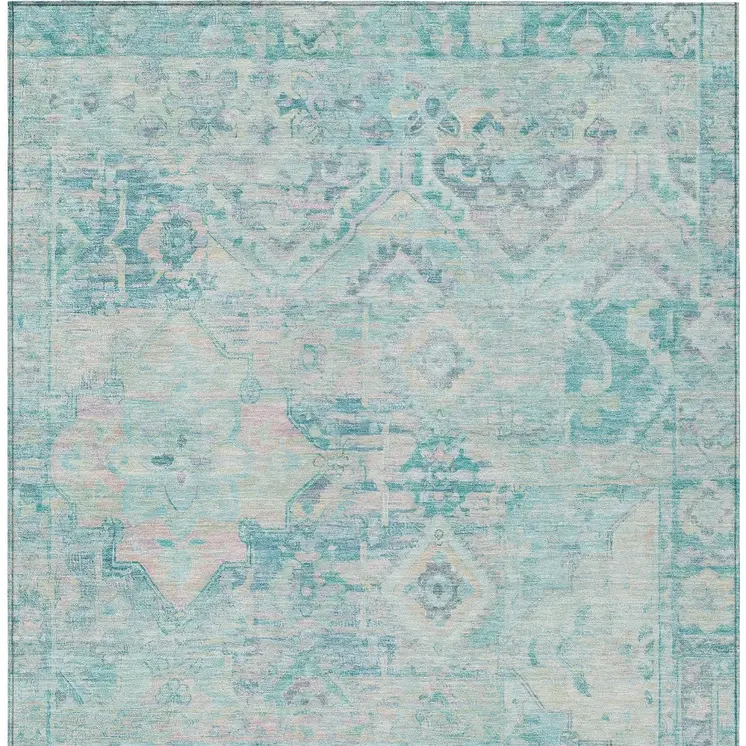9' X 12' Teal Blue And Pink Floral Medallion Washable Indoor Outdoor Area Rug