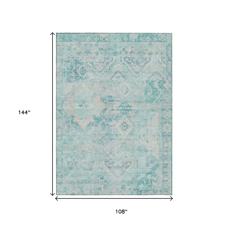 9' X 12' Teal Blue And Pink Floral Medallion Washable Indoor Outdoor Area Rug