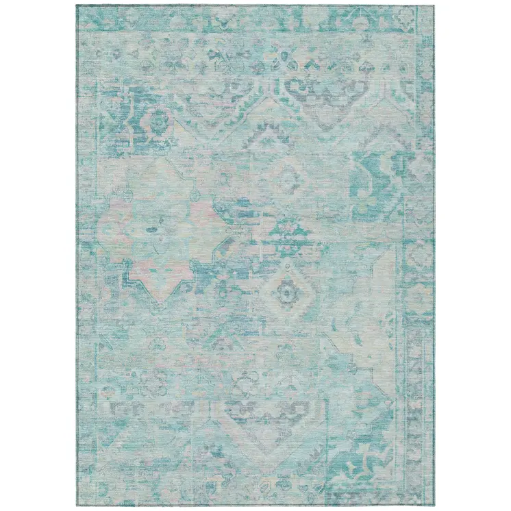 9' X 12' Teal Blue And Pink Floral Medallion Washable Indoor Outdoor Area Rug