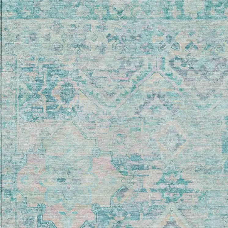 9' X 12' Teal Blue And Pink Floral Medallion Washable Indoor Outdoor Area Rug