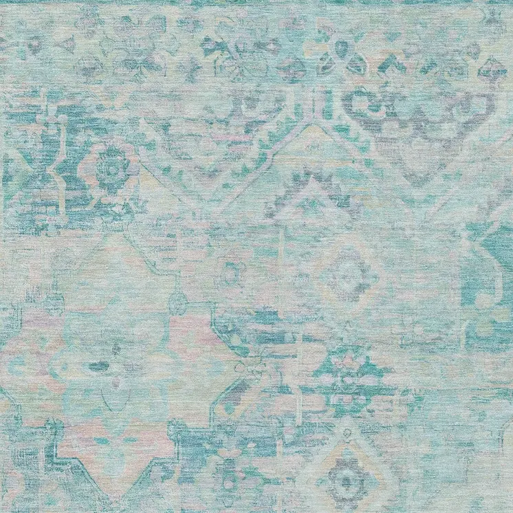 10' X 14' Teal Blue And Pink Floral Medallion Washable Indoor Outdoor Area Rug